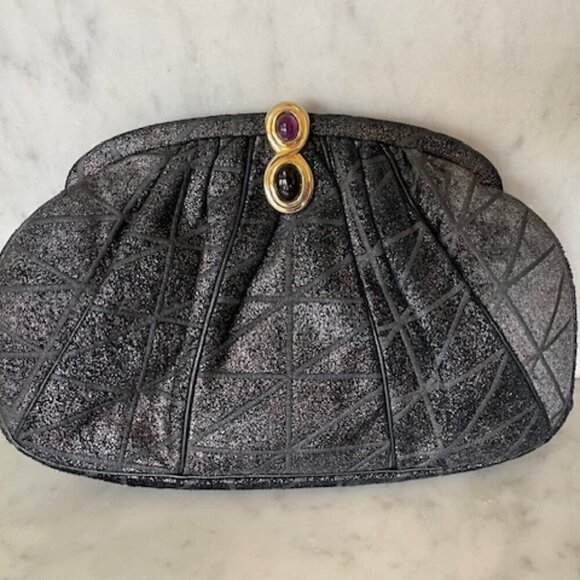 JUDITH LIEBER Vintage Minaudière Black Metallic Suede Gemstone Clasp Purse - Picture 5 of 17